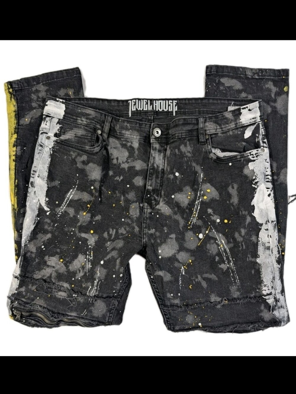 Jewel House Mens 40x32 Black Wash Jeans Destroyed Paint Splatter Zipper